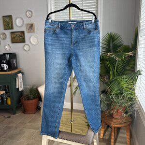 Land's End Recover Denim Indigo Tide Blue Mid Rise Slim Leg Jean Sz 14
